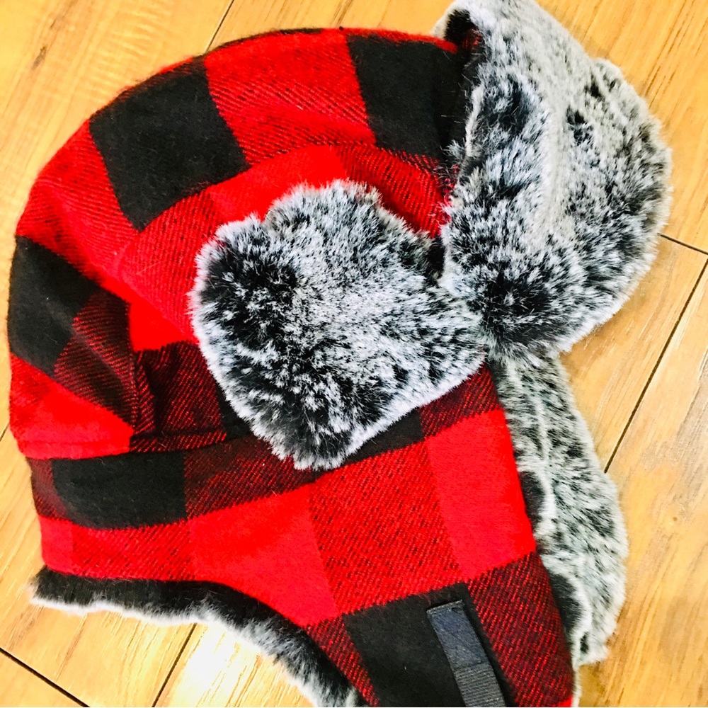 Flannel faux fur grey red plaid aviator winter hat small camping hunting